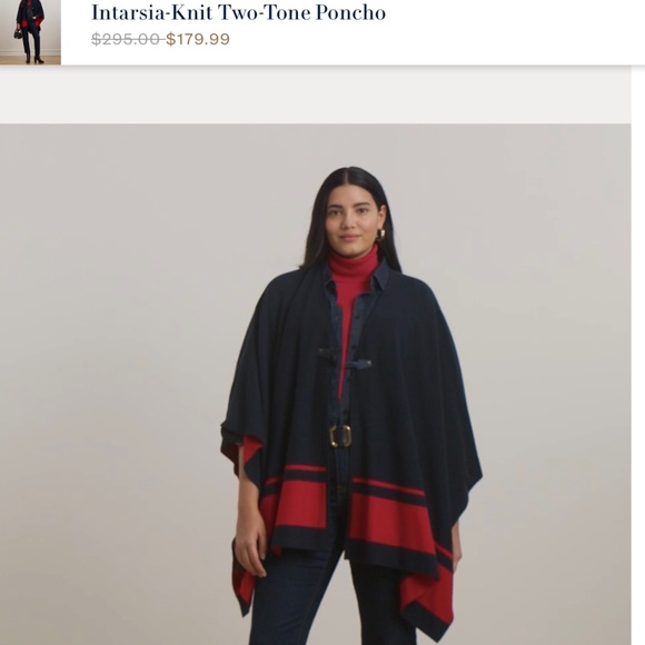Lauren Ralph Lauren Intarsia-Knit Two-Tone Poncho Navy Red One Size Plus - Picture 2 of 16